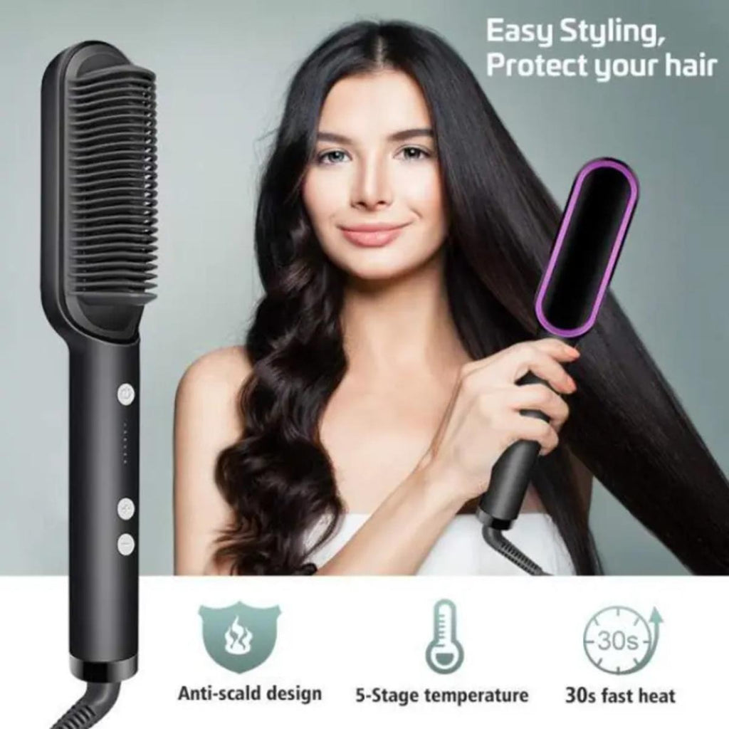 909 Hair Straightening Brush | Electric 2‑in‑1 Straightener & Curler | Heating Styling Comb | Quick 3‑Minute Styling