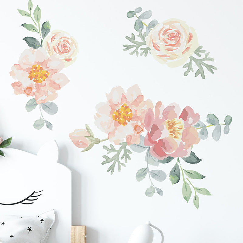Girly Heart Pink Watercolor Plant Flowers Baby Room Dormitory Bedroom Decoration Wall Stickers