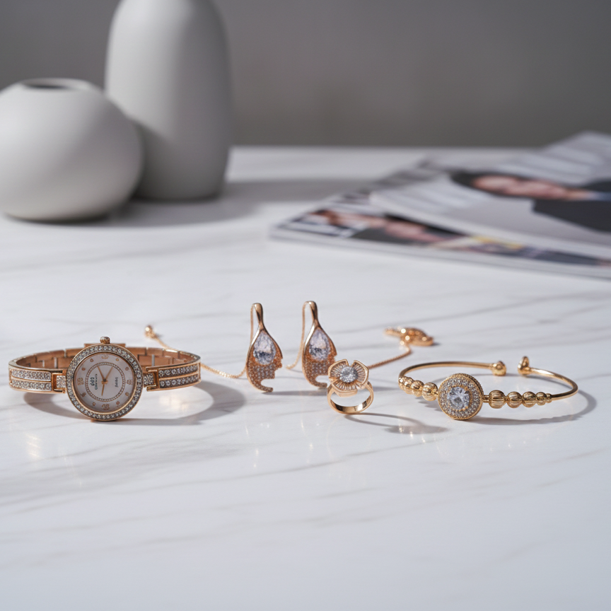 The Midnight Elegance Gold-Tone Jewelry &amp; Timepiece Collection