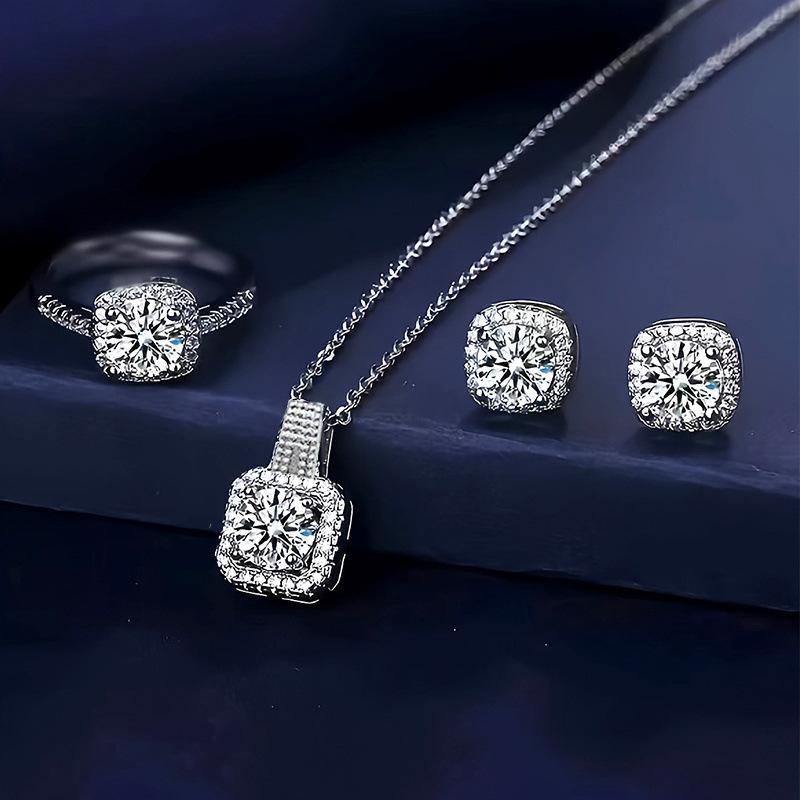 3 Pcs Silver Plated Square Design Crystal Jewelry Set for Women