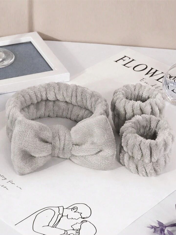 3 Pieces Set Kiss Lovely Wrist Strap - Face Wash Headband and Wristband Soft fabric - Grey