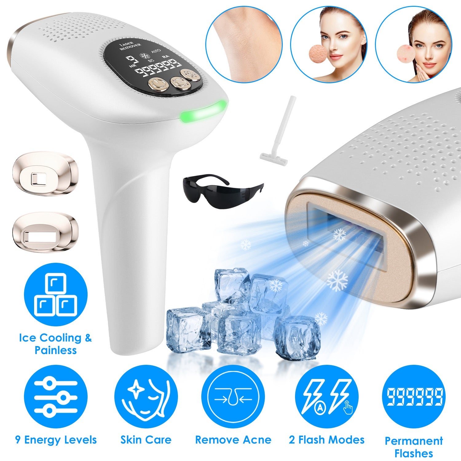 3 In 1 Ice Cooling Laser Hair Removal Painless Permanent At-Home IPL Hair Removal With 999,999 Flashes 9 Energy Levels 2 Modes For Armpits Legs Arms Bikini Line