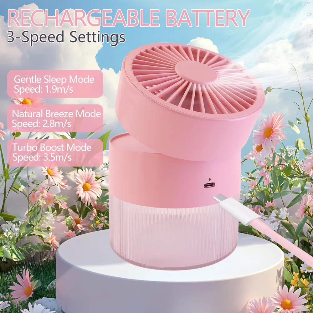 Rechargeable Makeup Misting Fan With 350mL Tank | Portable Cooling Desk Fan With 3 - Speed Mist Spray, Quiet Operation & Night Light | Outdoor/Travel/Bedroom Use, USB - C Rechargeable Mini Cooler